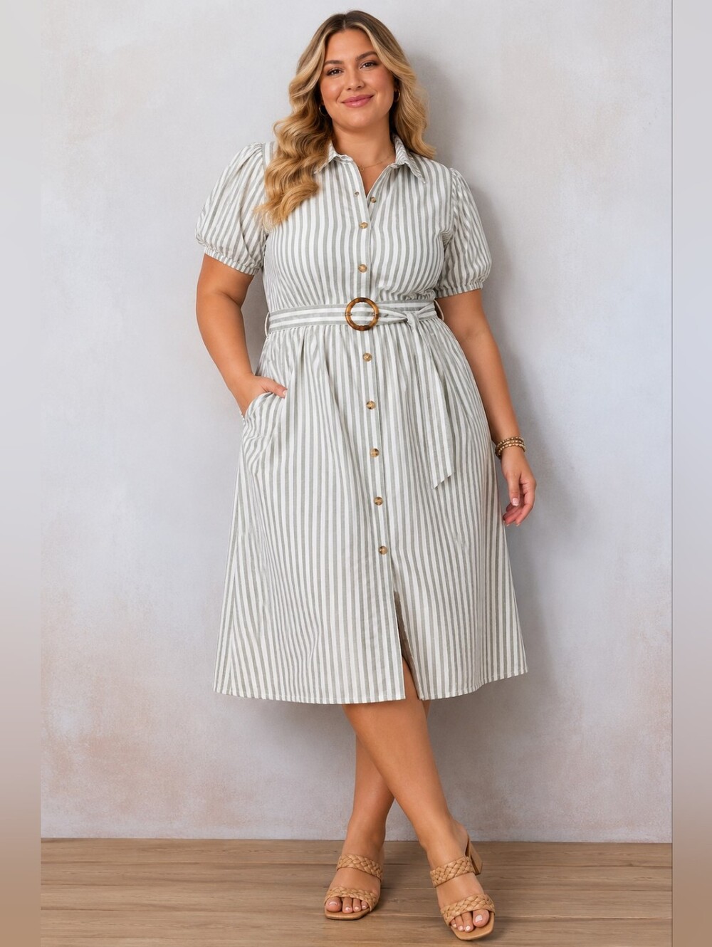 LC Lauren Conrad Striped Midi Shirt Dress in White & Gray